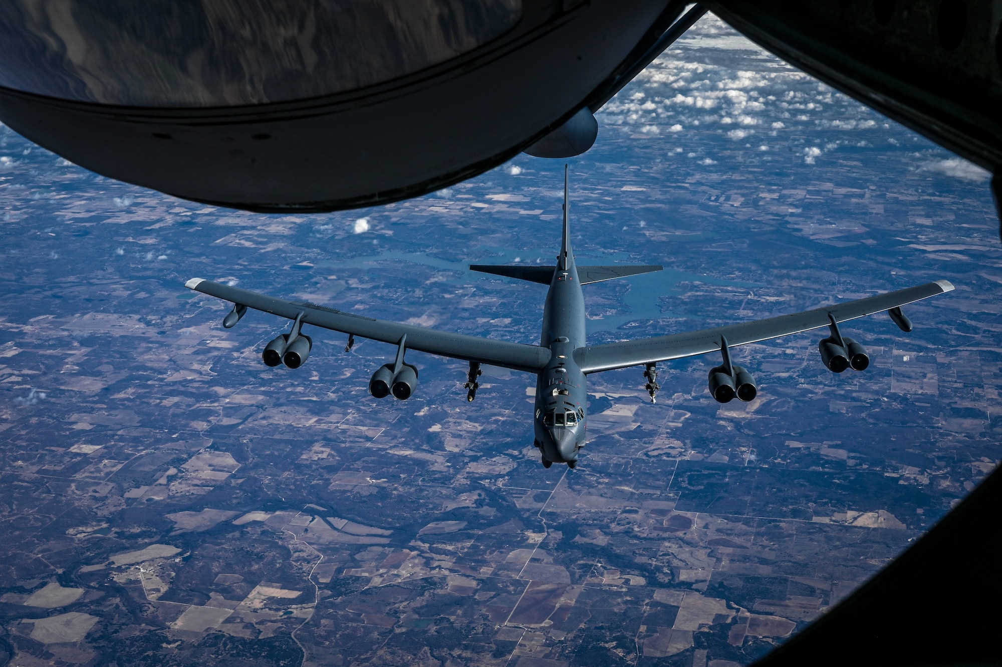 A B-52H Stratofortress assigned to Barksdale Air Force Base, La., approaches a KC-135 Stratotanker from MacDill Air Force Base, Fla., for air refueling support, Dec. 14, 2020.