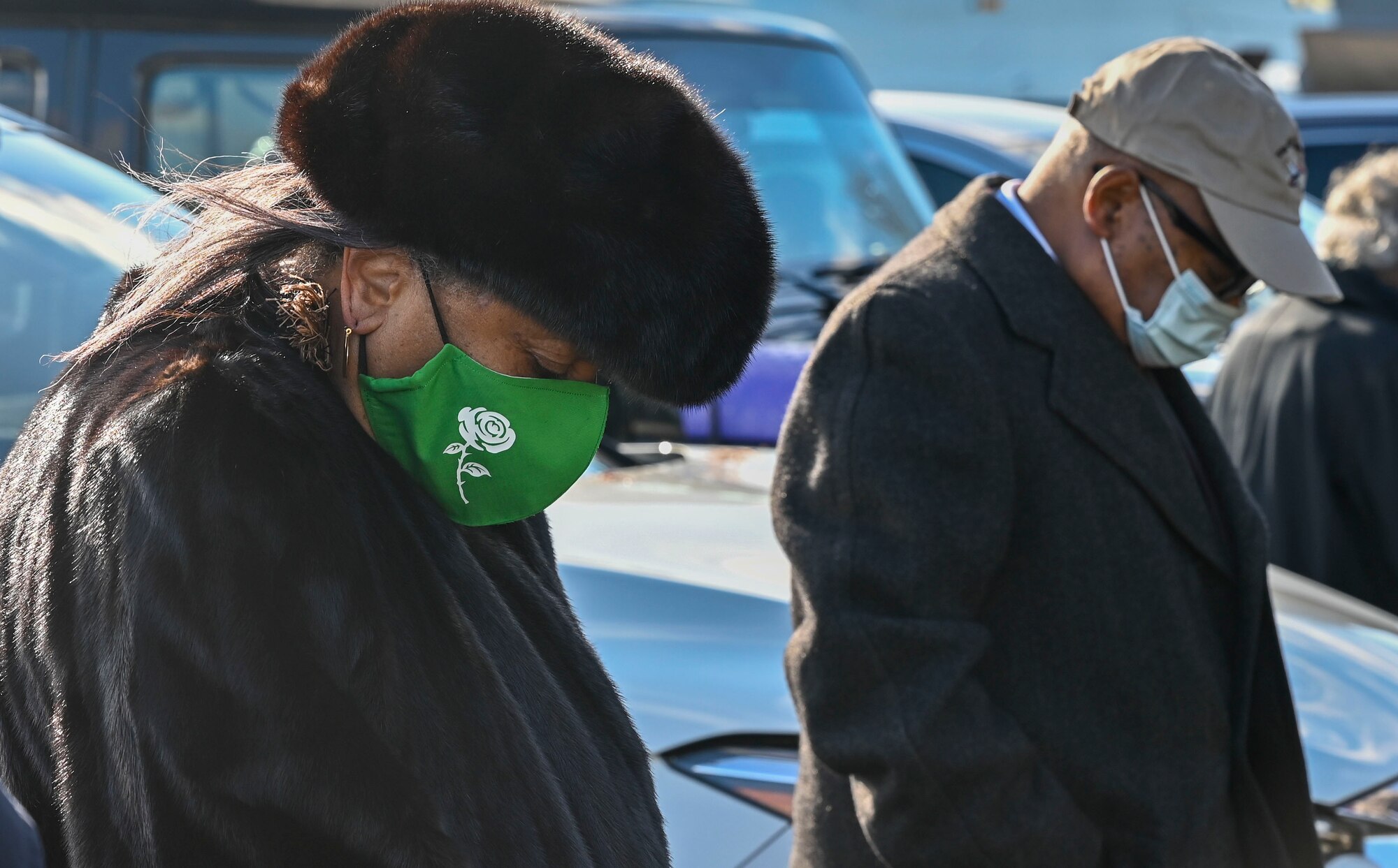 Friends and family of the Carson family bow their heads in prayer during a tree dedication ceremony Dec. 17, 2020 at the Air Mobility Command museum at Dover Air Force Base, Delaware. The ceremony celebrated the life of Virgina Carson, a prominent Delaware educator who passed away Sept. 3, 2019. Carson’s husband Charles was a civilian mortician at the Dover Port Mortuary with the Department of the Air Force for 26 years.  (U.S. Air Force photo by Airman Cydney Lee)