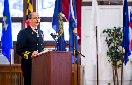 YOKOSUKA, Japan​ (Nov. 30, 2020) Capt. Harry Ganteaume, Submarine Group 7​'s former Chief of Staff, speaks to a virtual and physical audience during his retirement ceremony aboard Commander Fleet Activities Yokosuka​. (U.S. Navy photo by Mass Communication Specialist 2nd Class Taylor DiMartino)