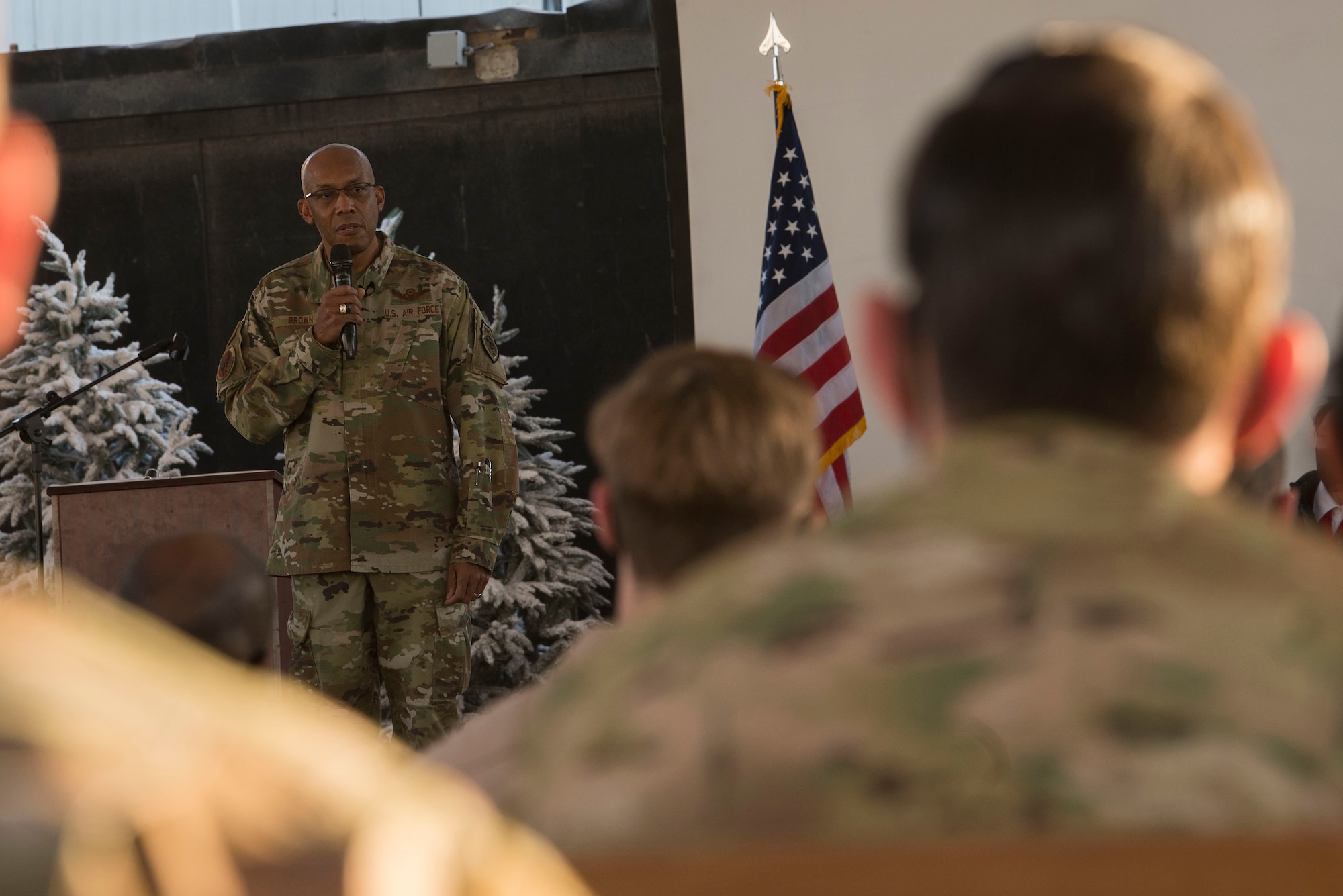 Chief of Staff of the Air Force Gen. Charles Q. Brown, Jr., speaks with Airmen assigned to the 380th Air Expeditionary Wing during an all call at Al Dhafra Air Base, United Arab Emirates, Dec. 21, 2020.