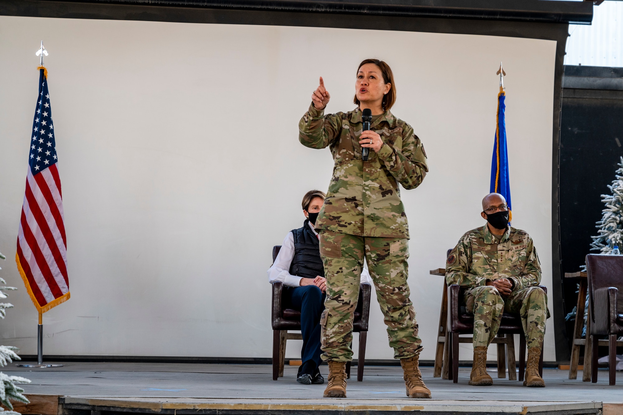Chief Master Sgt. of the Air Force JoAnne S. Bass addresses Airmen during an all call at Al Dhafra Air Base, United Arab Emirates, Dec. 21, 2020.