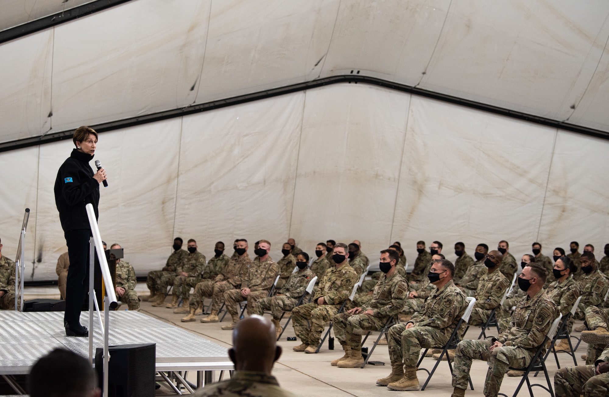 Secretary of the Air Force Barbara Barrett, Air Force Chief of Staff Gen. Charles Q. Brown, Jr., and Chief Master Sergeant of the Air Force JoAnne S. Bass, visited Airmen at Prince Sultan Air Base, Kingdom of Saudi Arabia Dec. 22, 2020.