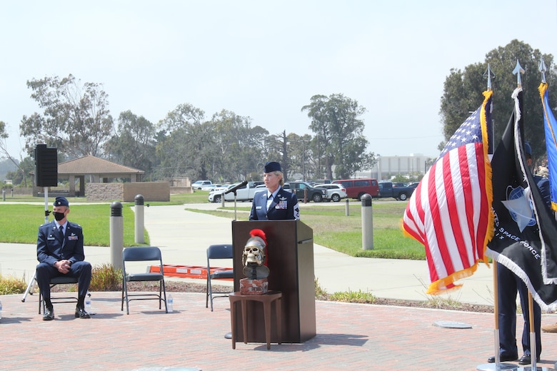 Chief Master Sergeant Tina Timmerman, Space Training and Readiness Delta Provisional senior enlisted leader, addresses members of the 533rd Training Squadron during the 533rd Training Squadron Transition to STAR Delta Provisional Sept. 3, 2020, at Vandenberg, Calif.