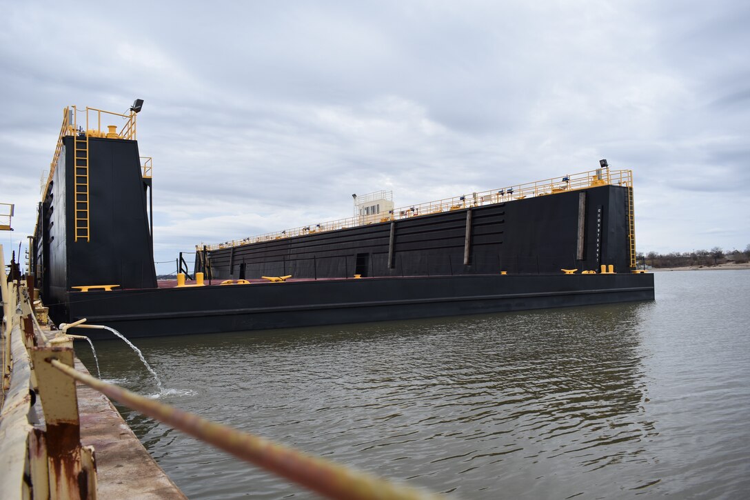 IN THE PHOTO, dry dock 5801 after it was serviced in Morgan City, Louisiana and back at Ensley Engineer Yard in Memphis, Tennessee. The dry dock was shipped to the Conrad Shipyard in Louisiana for repairs and maintenance in June 2019. The dock has been operating since 1958. (USACE photos by Jessica Haas)