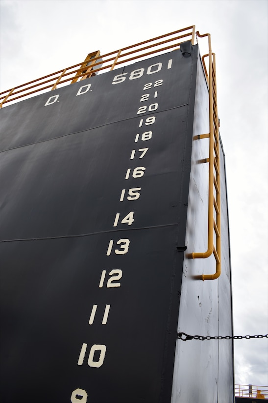 IN THE PHOTO, dry dock 5801 after it was serviced in Morgan City, Louisiana and back at Ensley Engineer Yard in Memphis, Tennessee. The dry dock was shipped to the Conrad Shipyard in Louisiana for repairs and maintenance in June 2019. The dock has been operating since 1958. (USACE photos by Jessica Haas)