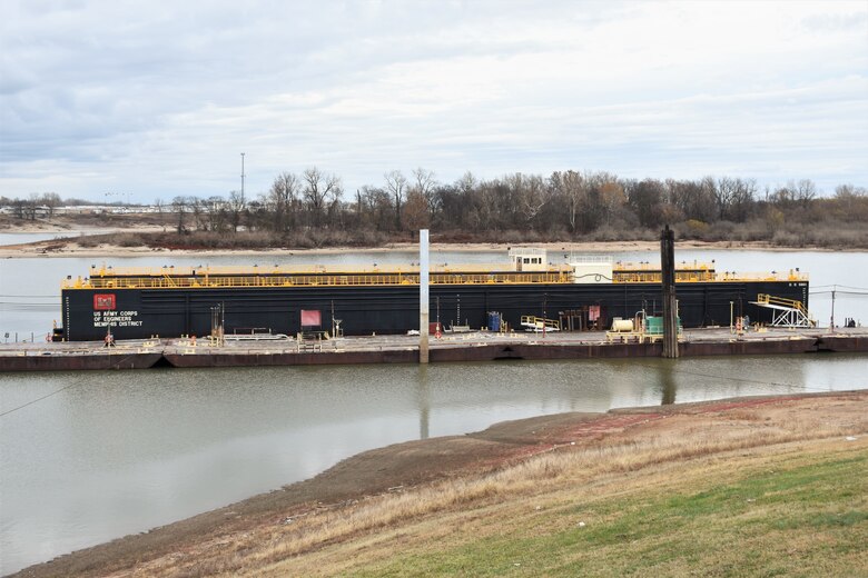 IN THE PHOTO, dry dock 5801 after it was serviced in Morgan City, Louisiana and back at Ensley Engineer Yard in Memphis, Tennessee. The dry dock was shipped to the Conrad Shipyard in Louisiana for repairs and maintenance in June 2019. The dock has been operating since 1958. (USACE photos by Jessica Haas)