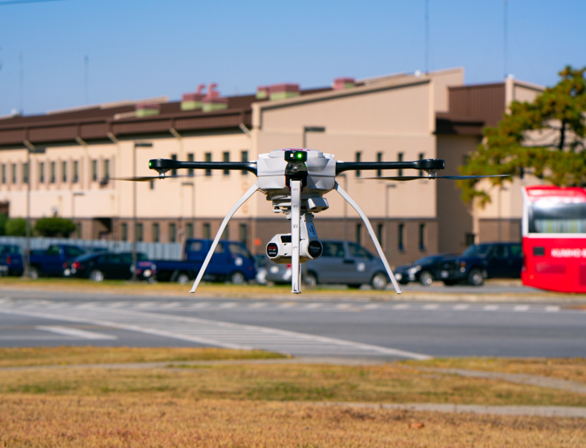 The 51st Civil Engineering Squadron launches a drone to perform a roof inspection outside of Osan Air Base’s Turumi Lodge, Nov. 2, 2020. Specialized drones equipped with various camera sensors are being utilized to perform roof inspections across the installation to reduce work hours, remove safety hazards, and simplify the annual process. (U.S. Air Force photo by 1st Lt. Daniel de La Fé)