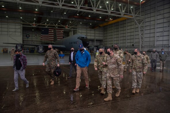 U.S. Acting Secretary of Defense Christopher Miller greets base leadership at Royal Air Force Mildenhall, England, Dec. 21, 2020. Miller came to the base to present the 2020 Secretary of Defense Maintenance Effectiveness Award to the 100th Maintenance Group. (U.S. Air Force photo by Airman 1st Class Joseph Barron)