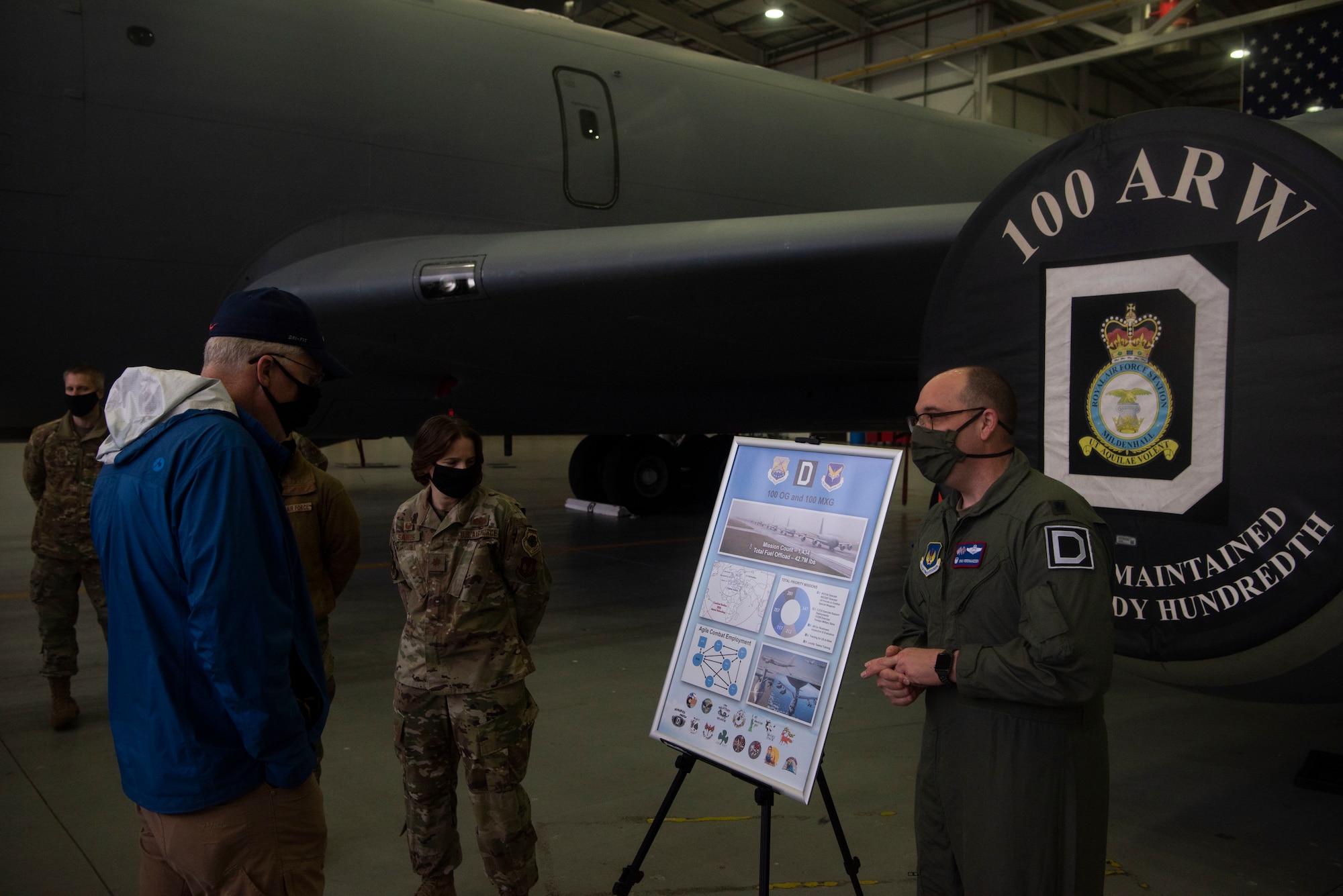 U.S. Acting Secretary of Defense Christopher Miller listens to a briefing from U.S. Air Force Lt. Col. Ryan Ferdinandsen, 351st Air Refueling Squadron commander, at Royal Air Force Mildenhall, England, Dec. 21, 2020. Miller met with base leadership and spoke with Airmen to learn about the missions of installation’s two wings. (U.S. Air Force photo by Airman 1st Class Joseph Barron)