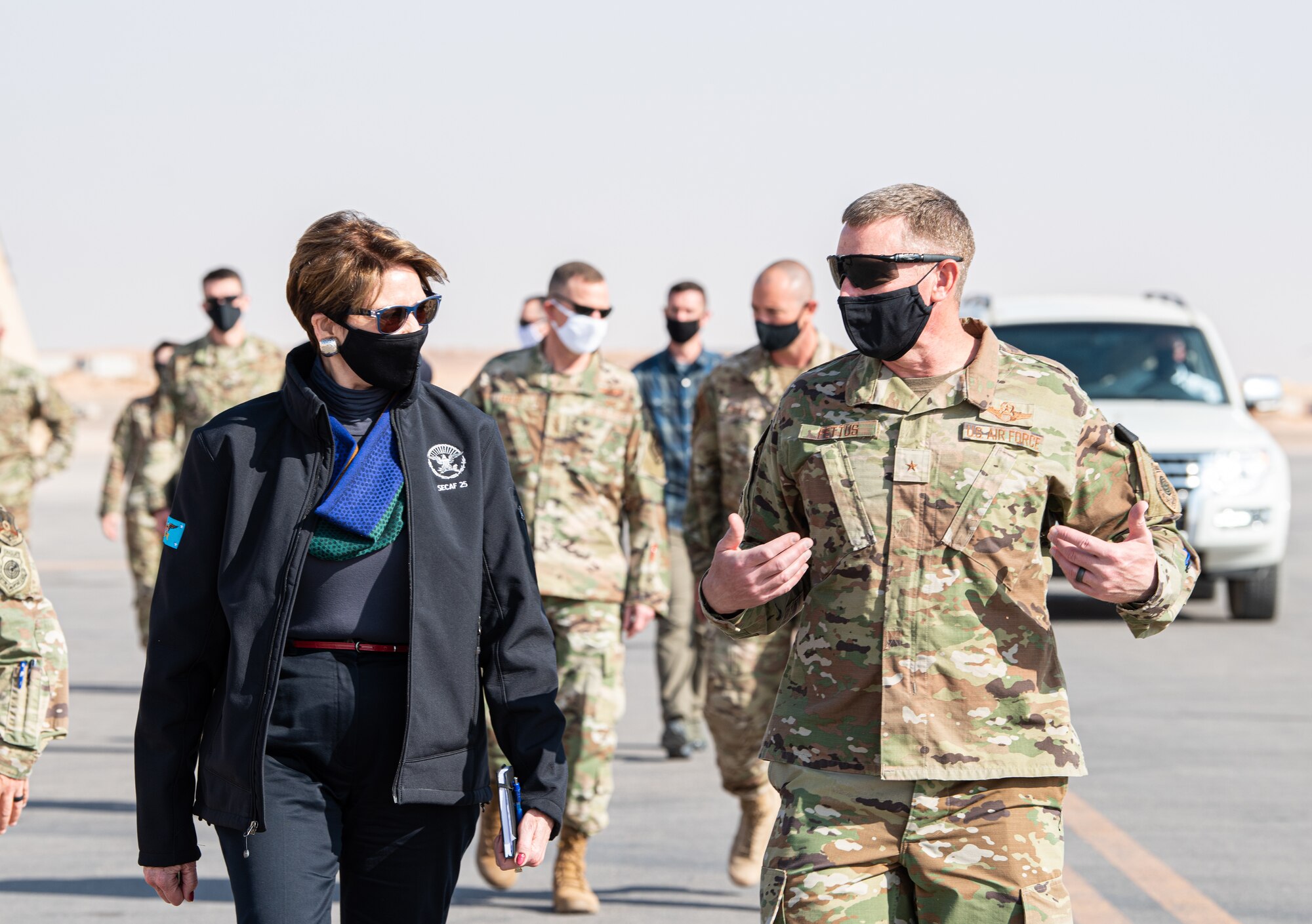 Secretary of the Air Force Barbara Barrett, Air Force Chief of Staff Gen. Charles Q. Brown, Jr., and Chief Master Sergeant of the Air Force JoAnne S. Bass, visited Airmen at Prince Sultan Air Base, Kingdom of Saudi Arabia Dec. 22, 2020.