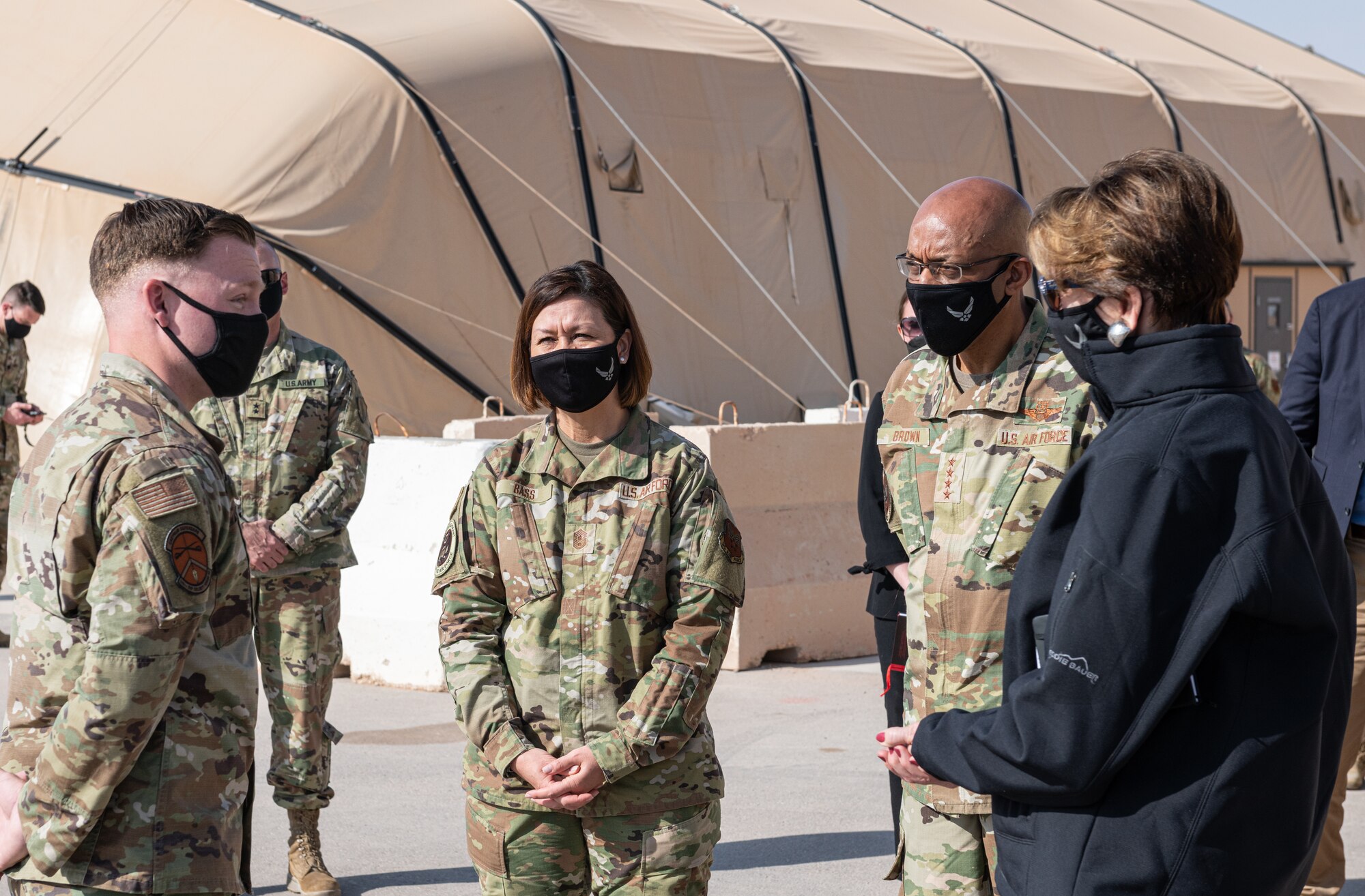 Secretary of the Air Force Barbara Barrett, Air Force Chief of Staff Gen. Charles Q. Brown, Jr., and Chief Master Sergeant of the Air Force JoAnne S. Bass, visited Airmen at Prince Sultan Air Base, Kingdom of Saudi Arabia Dec. 22, 2020.