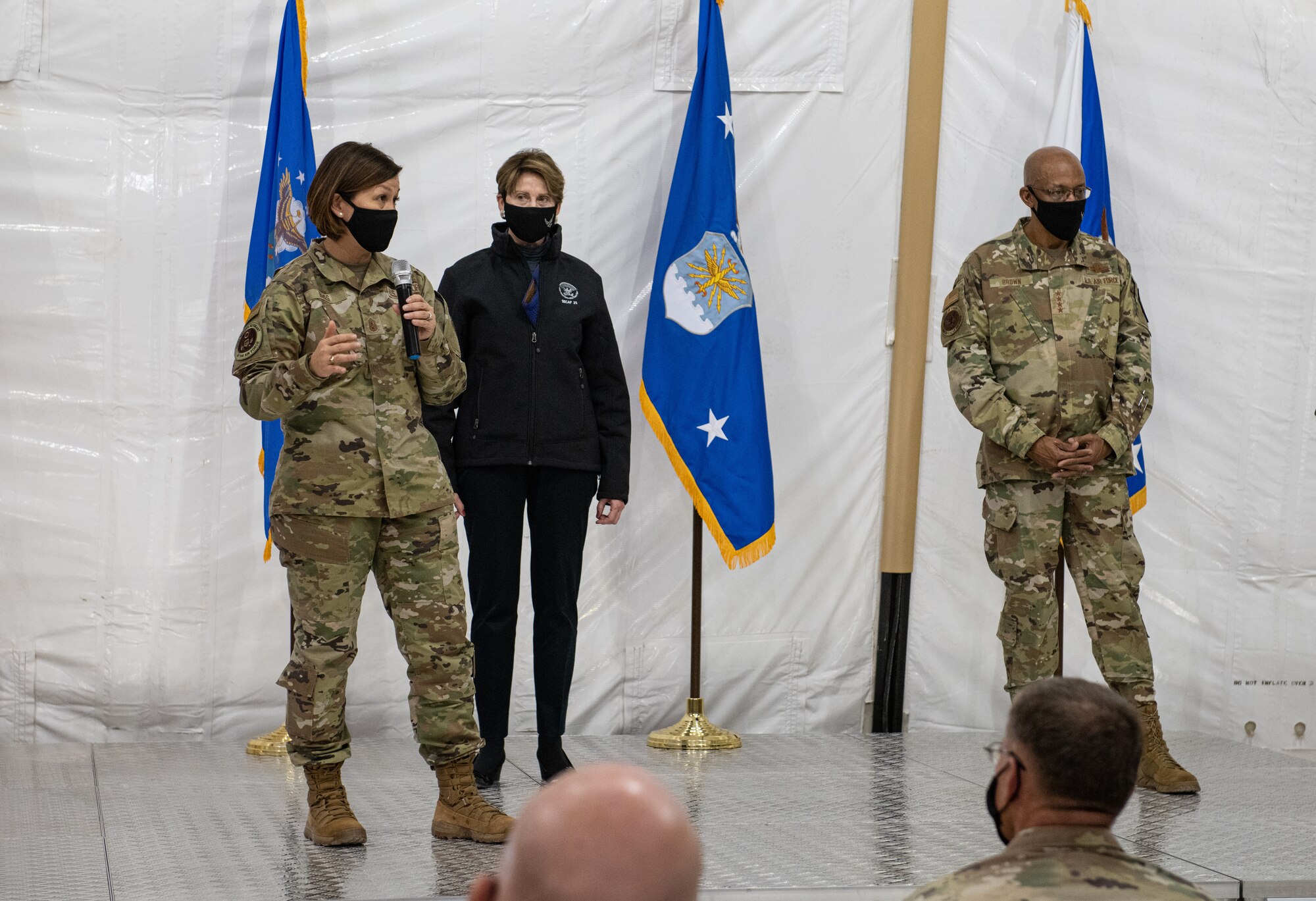 Secretary of the Air Force Barbara Barrett, Air Force Chief of Staff Gen. Charles Q. Brown, Jr., and Chief Master Sergeant of the Air Force JoAnne S. Bass, visited Airmen at Prince Sultan Air Base, Kingdom of Saudi Arabia Dec. 22, 2020.