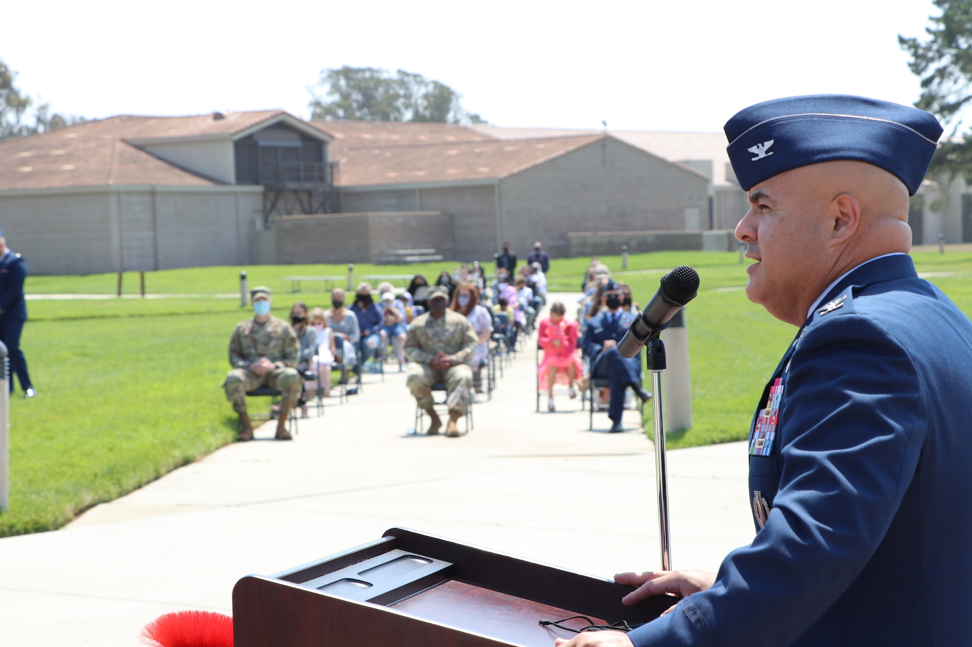 Col. Peter J. Flores, Space Training and Readiness Delta Provisional commander, addresses the 533rd Training Squadron as part of the U.S. Space Force transfer ceremony Sept. 3, 2020, at Vandenberg Air Force Base, Calif.