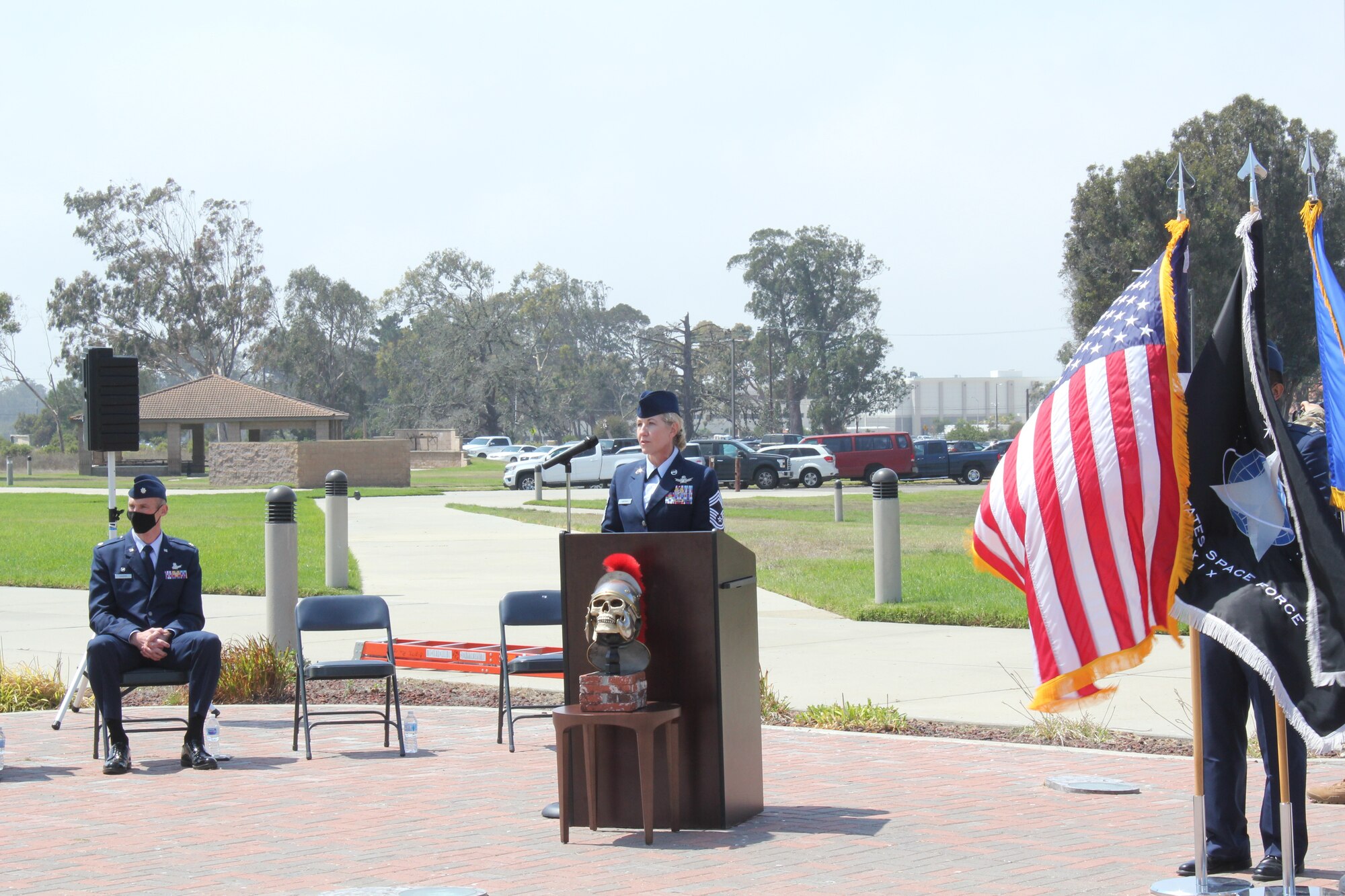 Chief Master Sergeant Tina Timmerman, Space Training and Readiness Delta Provisional senior enlisted leader, addresses members of the 533rd Training Squadron during the 533rd Training Squadron Transition to STAR Delta Provisional Sept. 3, 2020, at Vandenberg, Calif.