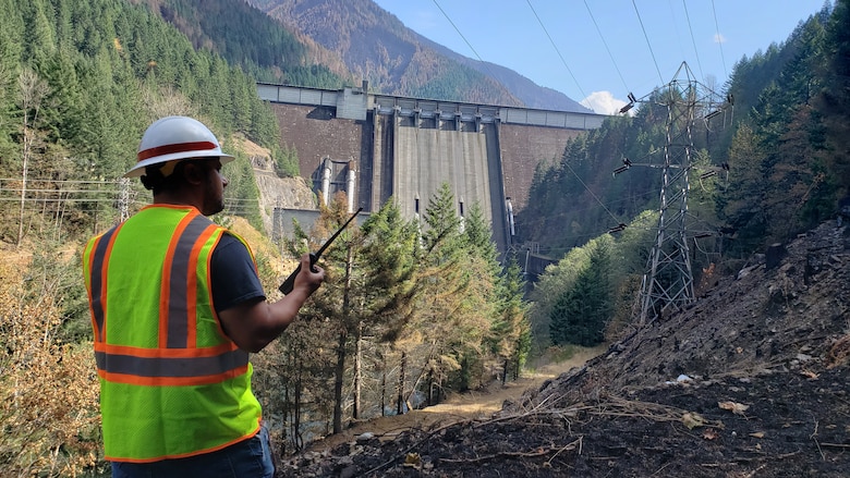 A multi-disciplinary team of operations, engineering and dam safety personnel inspect Detroit Dam Sept. 22 to assess impacts to the project—as well as the project’s functionality and any major safety concerns—after the Beachie Creek and Lionshead fires spread throughout the area upstream and downstream of the dam.