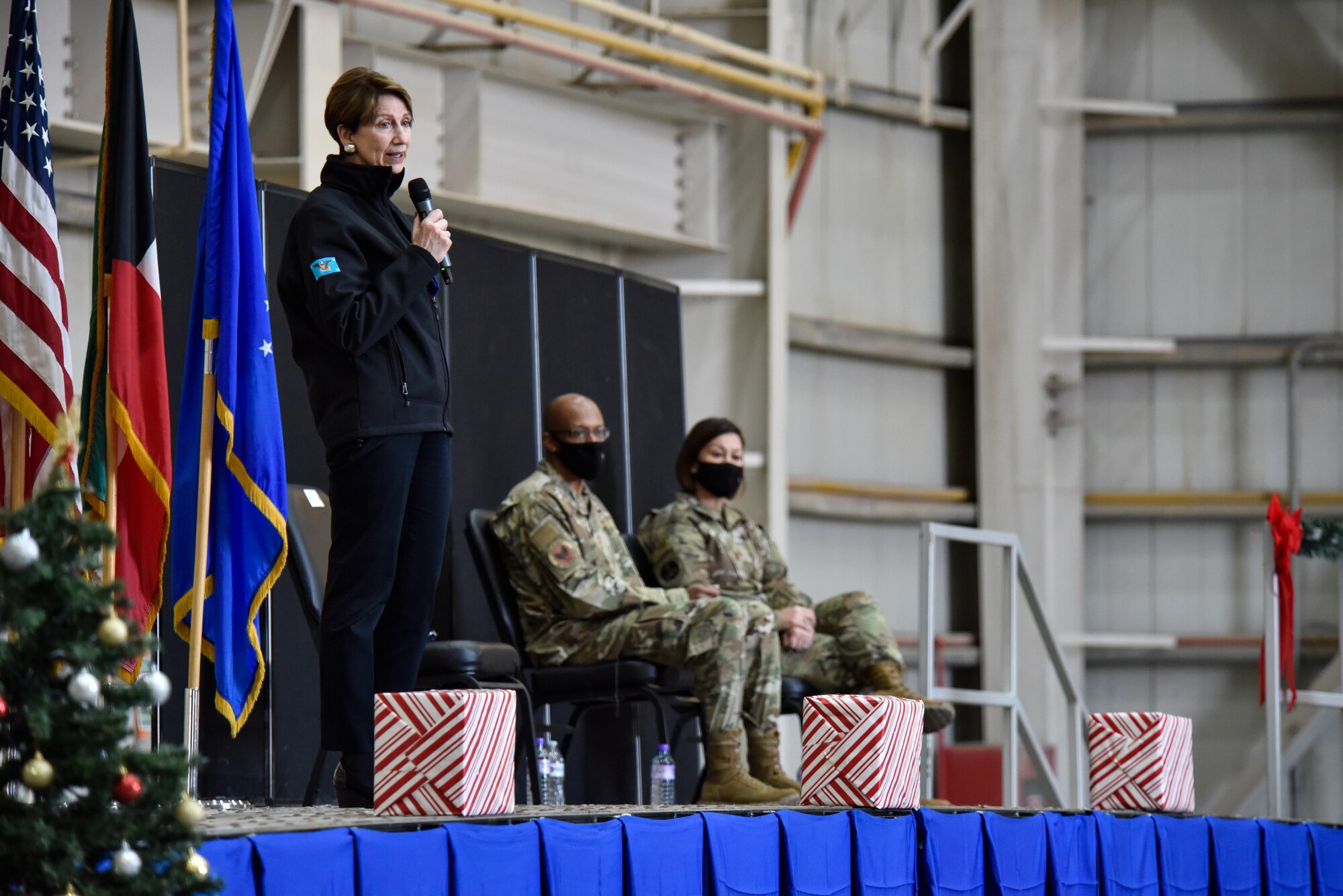 Secretary of the Air Force Barbara Barrett talks with Airmen during an all call at Ali Al Salem Air Base, Kuwait, Dec. 22, 2020. ASAB Airmen had the opportunity to participate in a discussion forum with top Air Force leaders to address concerns and ask questions. (U.S. Air Force photo by Staff Sgt. Kenneth Boyton)