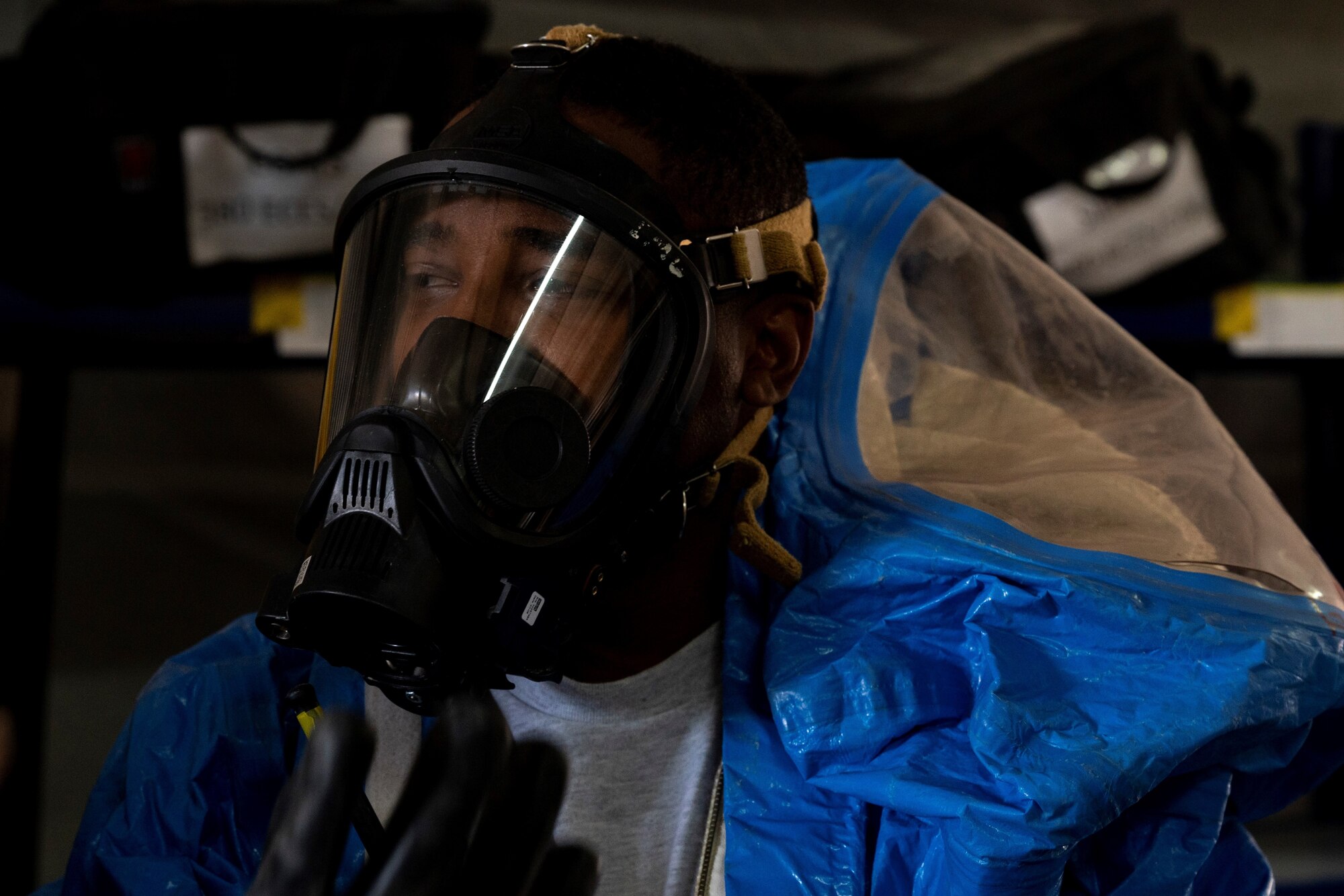 U.S. Air Force Staff Sgt. Jude Stueckle, 380th Expeditionary Civil Engineer Squadron (ECES) emergency management (EM) flight logistics technician, prepares for a hazardous material (HAZMAT) exercise at Al Dhafra Air Base, United Arab Emirates, Dec. 18, 2020.