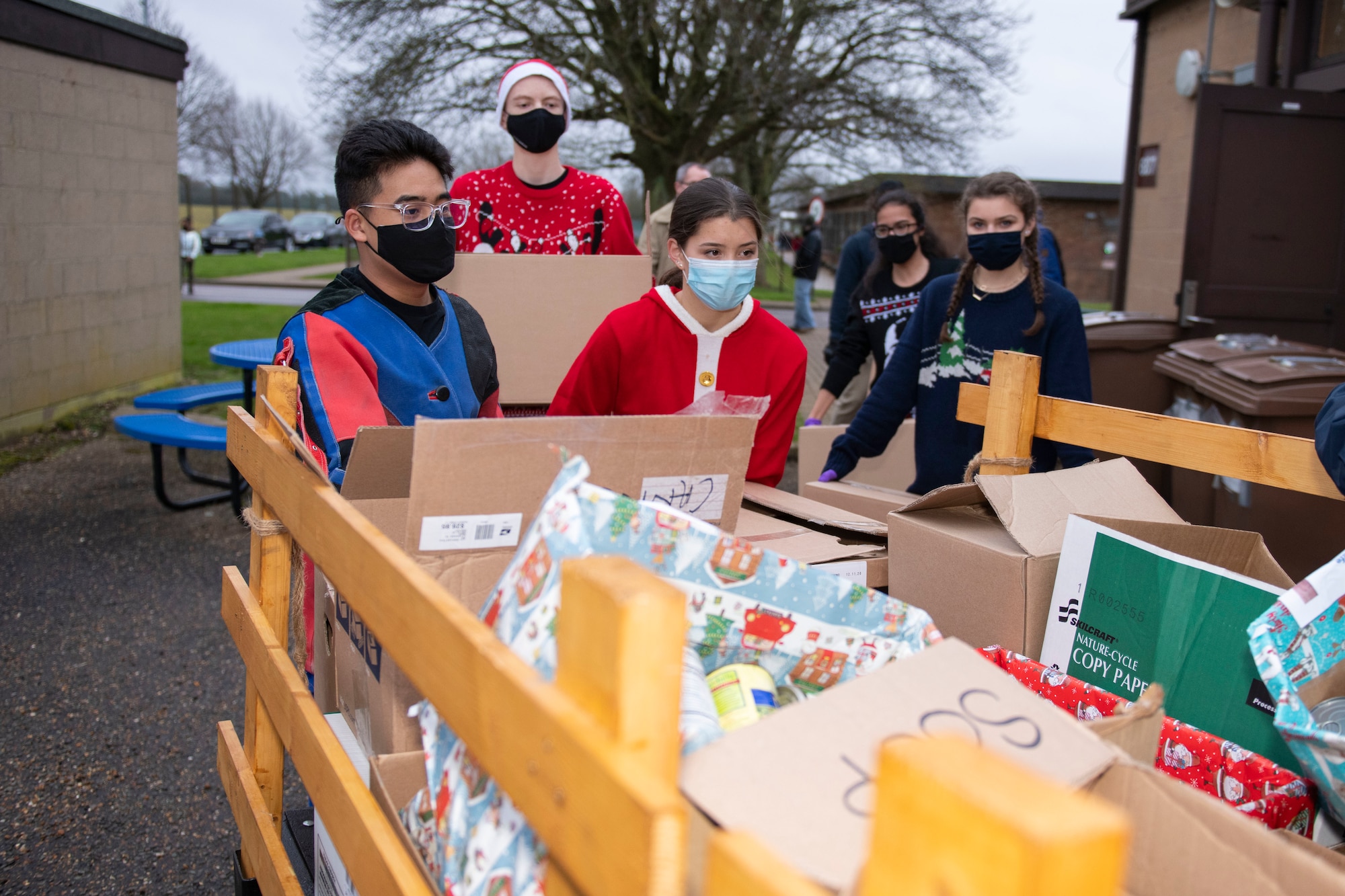 Royal Air Force Alconbury and RAF Molesworth schools and organizations worked together to collect food for the Alconbury Molesworth Spouse Club Food Pantry and the First Shirts Council food distribution Nov. 23 – Dec. 18, 2020, collecting a total of 2,876 items. (U.S. Air Force photo by Senior Airman Jennifer Zima)