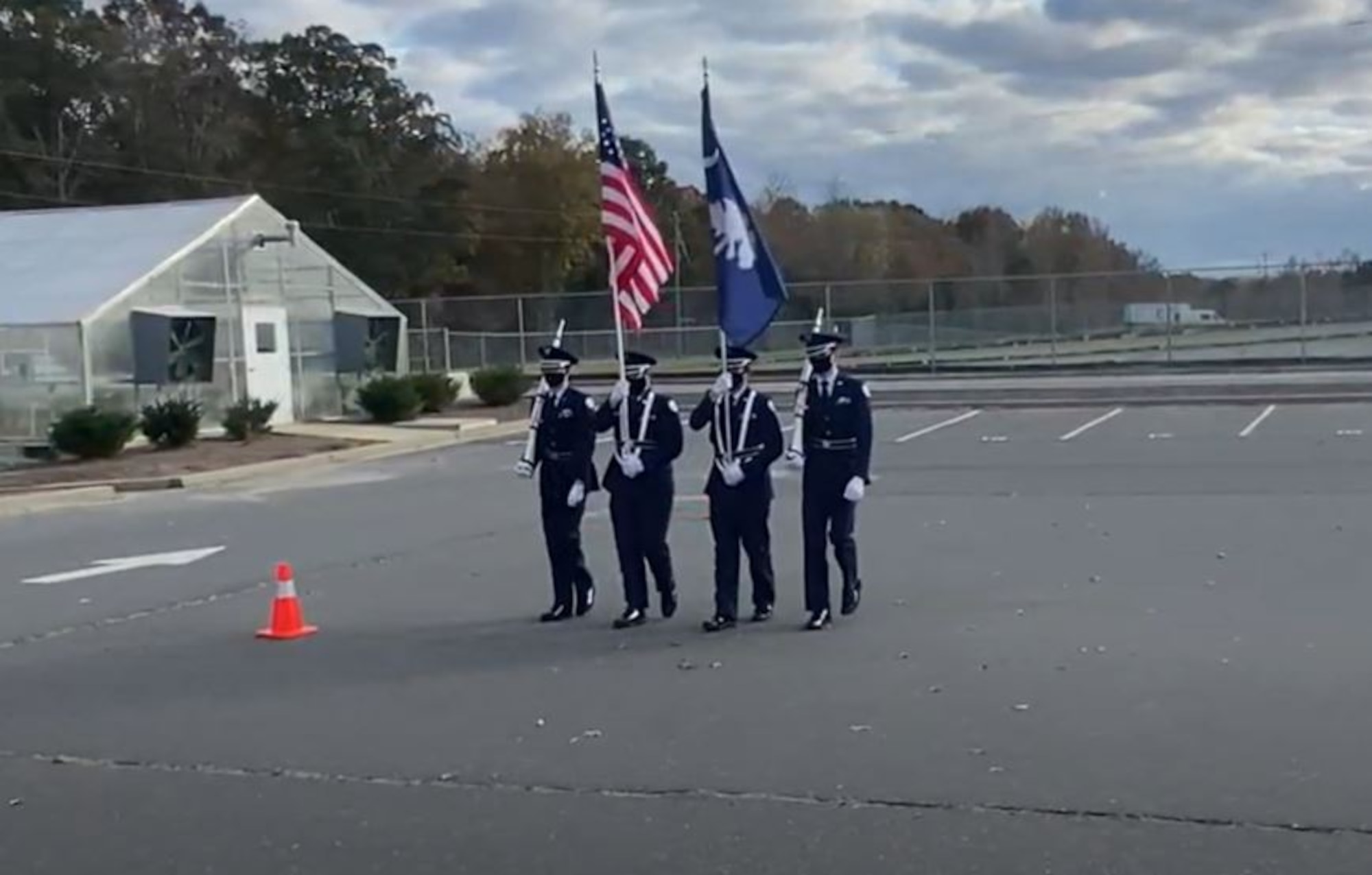 The Clover High School Air Force Junior Reserve Officer Training Guard color guard team perform drill movements during their competition video recording in Clovis, South Carolina. Teams from across 7 states competed in several events, including Color Guard, Individual Armed, Individual Unarmed, Element Armed, Element Unarmed, Element Unarmed 1st year, Flight Armed and Flight Unarmed.