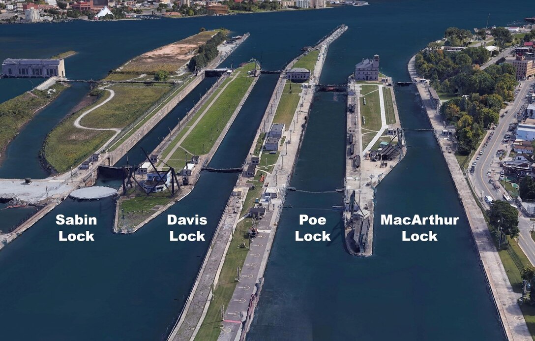 Aerial image of the current four Soo Locks. The Corps of Engineers is building a second Poe-sized lock to provide much needed resiliency in the Great Lakes Navigation System. The new lock is being built on the existing Sabin and Davis Locks sites.