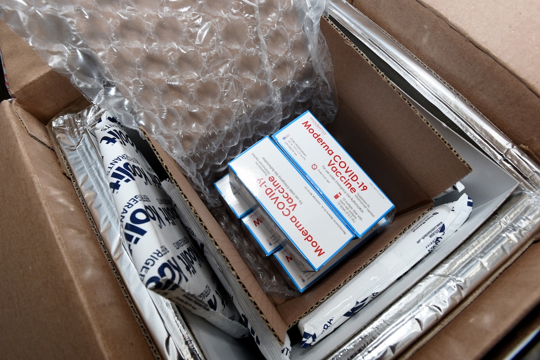 A box holds smaller boxes of vaccines.