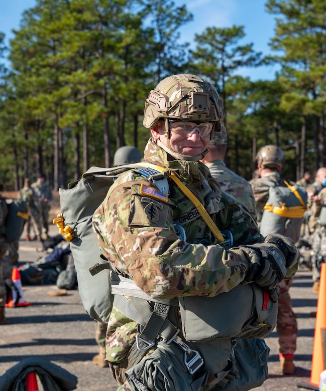 U.S. Army Reserve Brig. Gen. Michael M. Greer, U.S. Army Civil Affairs and Psychological Operations Command (Airborne) deputy commanding general, prepares to conduct airborne operations at Sicily Drop Zone, Fort Bragg, N.C., Dec. 3, 2020, during non-tactical airborne operations hosted by USACAPOC(A) and the 82nd Airborne Division.