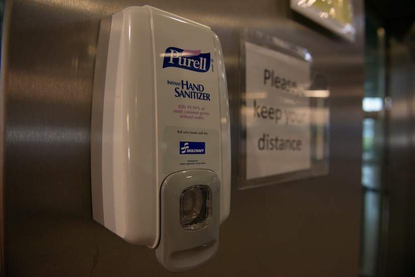 A hand sanitizer station is photographed.