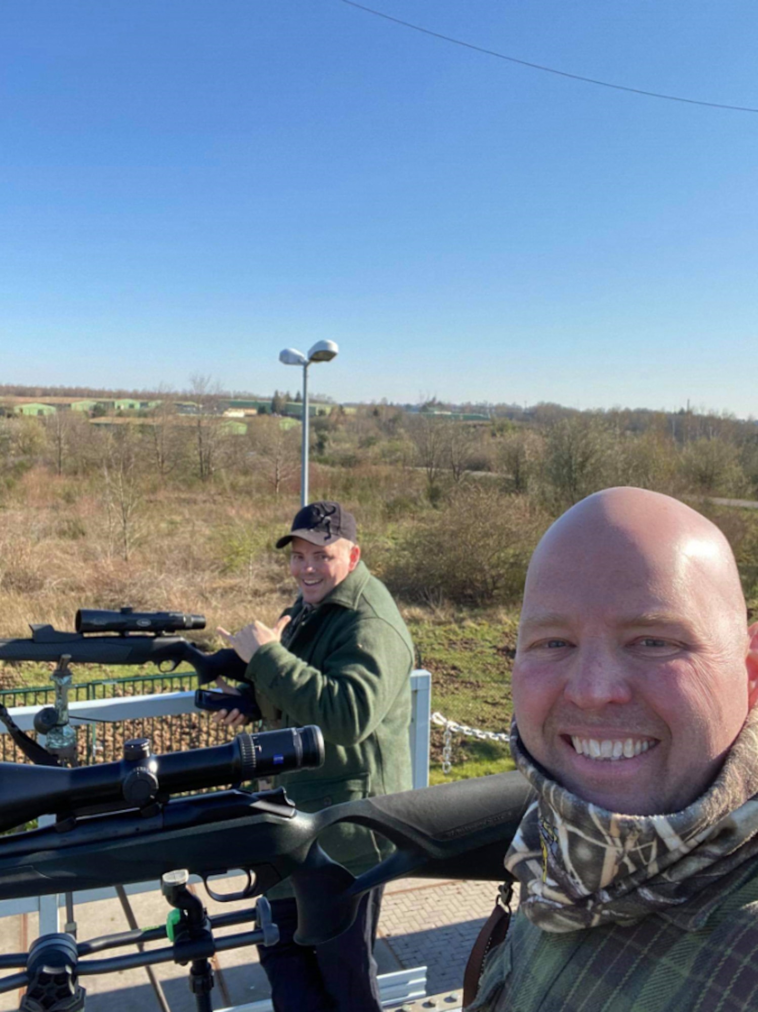 Senior Master Sgt. Mathew Butler, left, 786th Civil Engineering Squadron First Sergeant and Brandon Cowell, 86th Operations Support Squadron C-130J Site Manager, who are members of the Kaiserslautern Military Community Outdoorsmen, participate in a hunting program in conjunction with the Warrior Preparation Center, Einseidlerhof Air Station, Germany, near Pirmasens, Germany, in 2020.