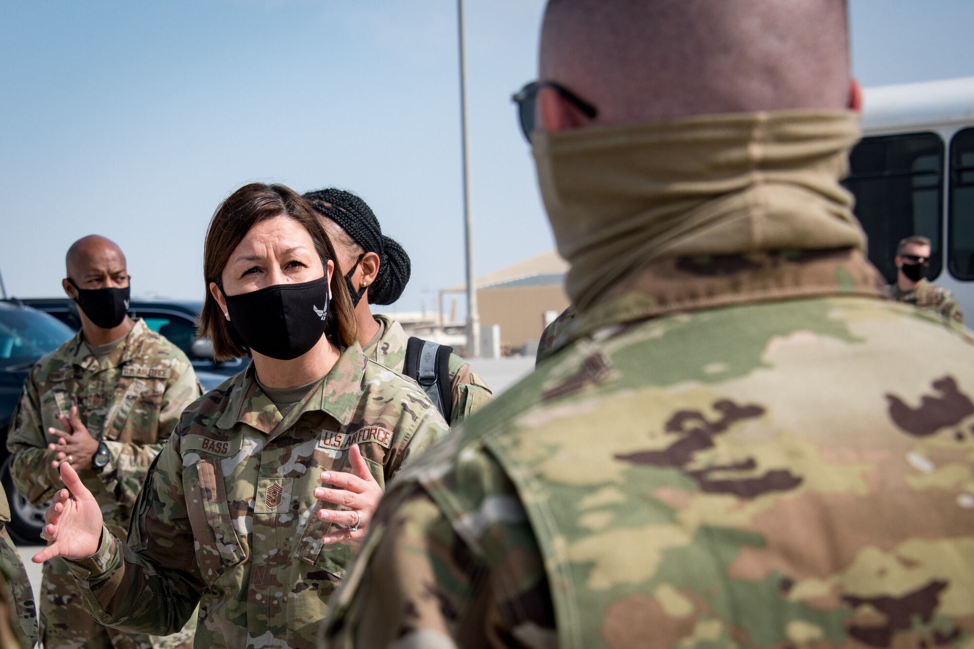 Chief Master Sergeant of the Air Force JoAnne S. Bass speaks to 379th Air Expeditionary Wing Airmen