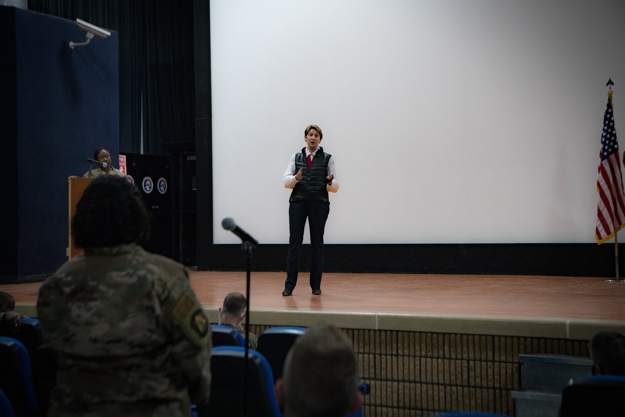 Secretary of the Air Force Barbara Barrett speaks from a stage