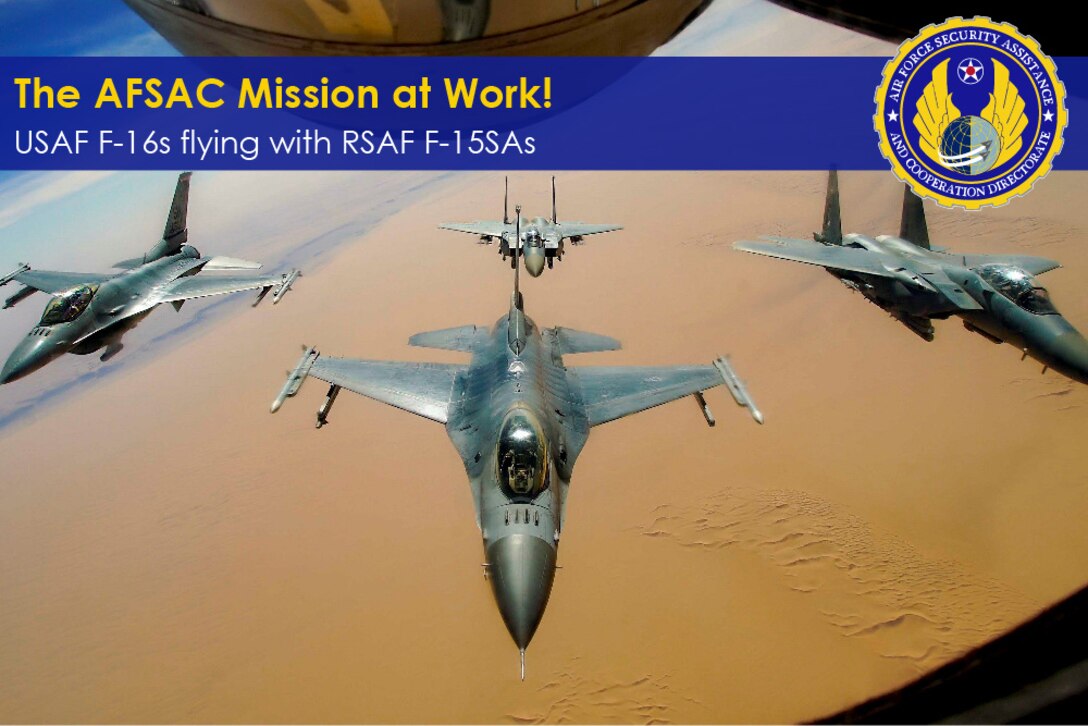 Two U.S. Air Force F-16 Fighting Falcons fly in formation with two Royal Saudi Air Force F-15E Strike Eagles after receiving fuel from a KC-135R Stratotanker during a routine exercise over Southwest Asia, Dec. 15, 2020.