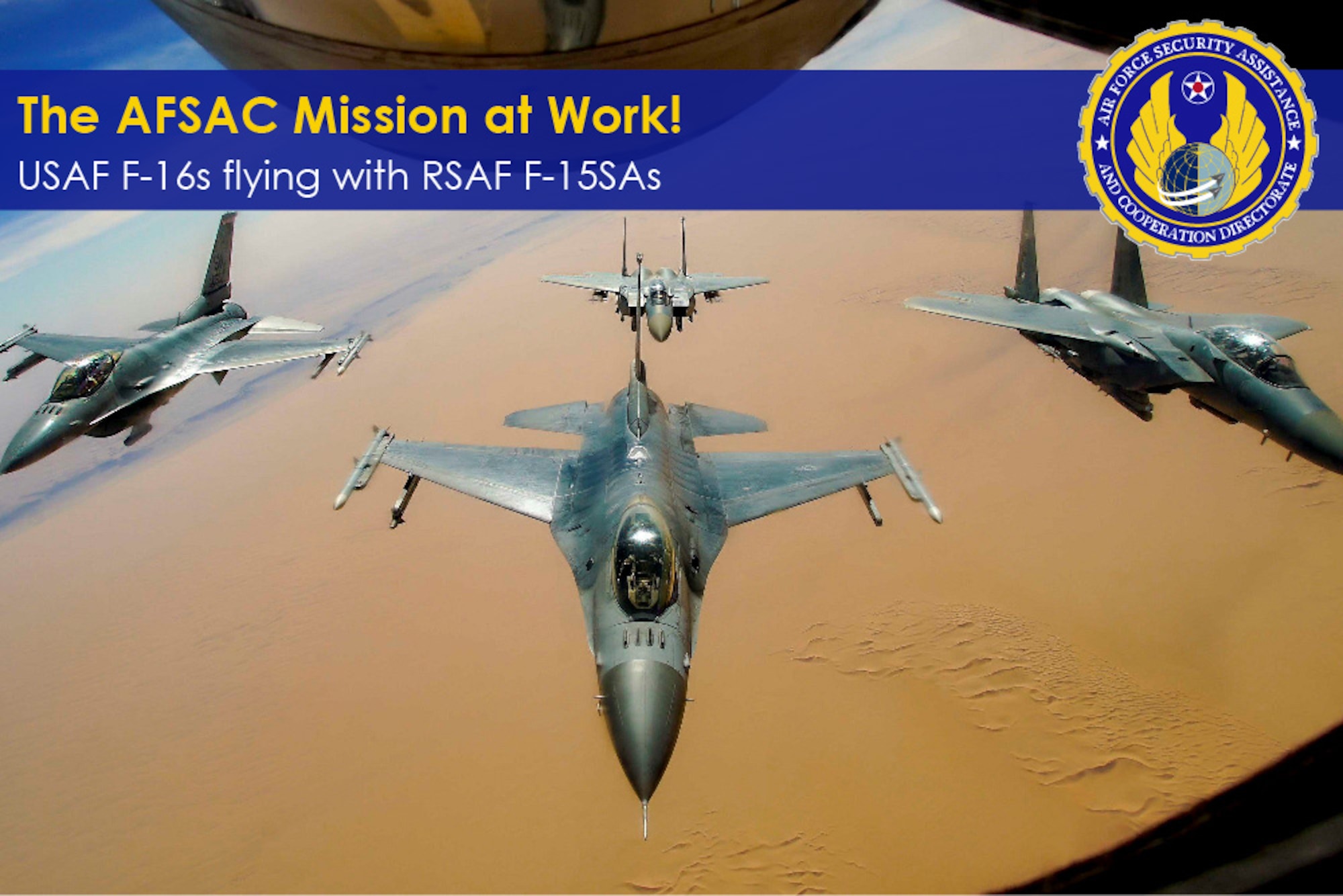 Two U.S. Air Force F-16 Fighting Falcons fly in formation with two Royal Saudi Air Force F-15E Strike Eagles after receiving fuel from a KC-135R Stratotanker during a routine exercise over Southwest Asia, Dec. 15, 2020.