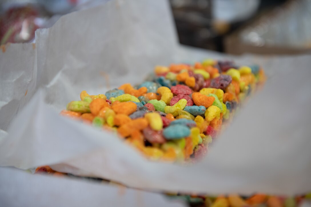 A homemade cereal bar is packaged up for delivery to Airmen Dec. 16, 2020, at the Hunt Housing Offices on Maxwell Air Force Base, Alabama. Volunteers repackaged donated cookies and other baked goods while wearing masks and gloves to reduce the risk of COVID-19 transmission.