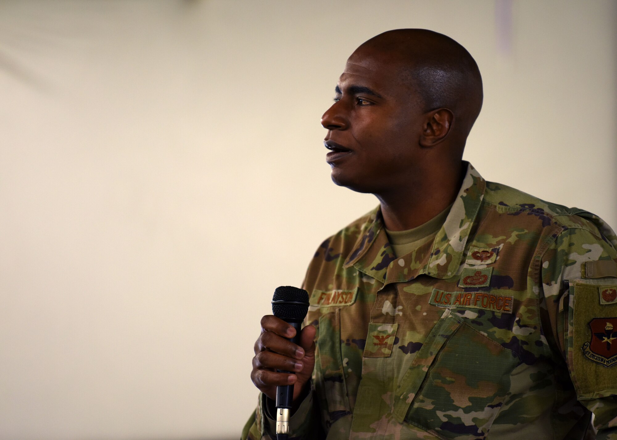 U.S. Air Force Col. James Finlayson, 17th Training Wing vice commander, speaks at the Home Away From Home event in the First Financial Pavilion in San Angelo, Texas, Dec. 25, 2020. Finlayson spoke on the strength of the relationship between Goodfellow Air Force Base and the city of San Angelo. (U.S. Air Force photo by Airman 1st Class Ethan Sherwood)