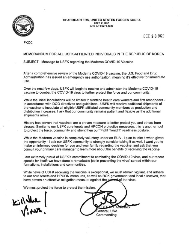General Robert Abrams, USFK commander, sends a letter to troops over the Moderna COVID-19 vaccine