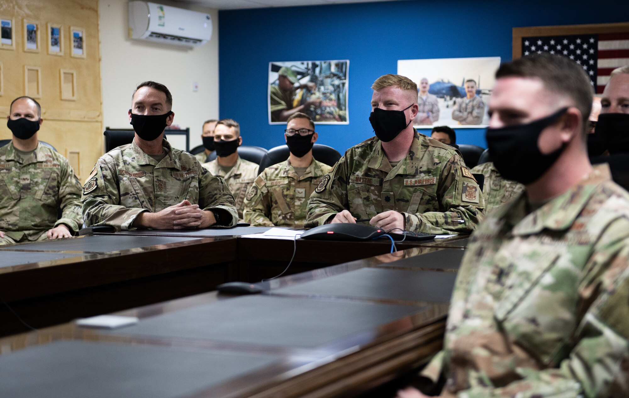 President Donald J. Trump speaks with Airmen from the 378th Expeditionary Civil Engineer Squadron during a conference call, Dec. 25, 2020, at Prince Sultan Air Base, Kingdom of Saudi Arabia.