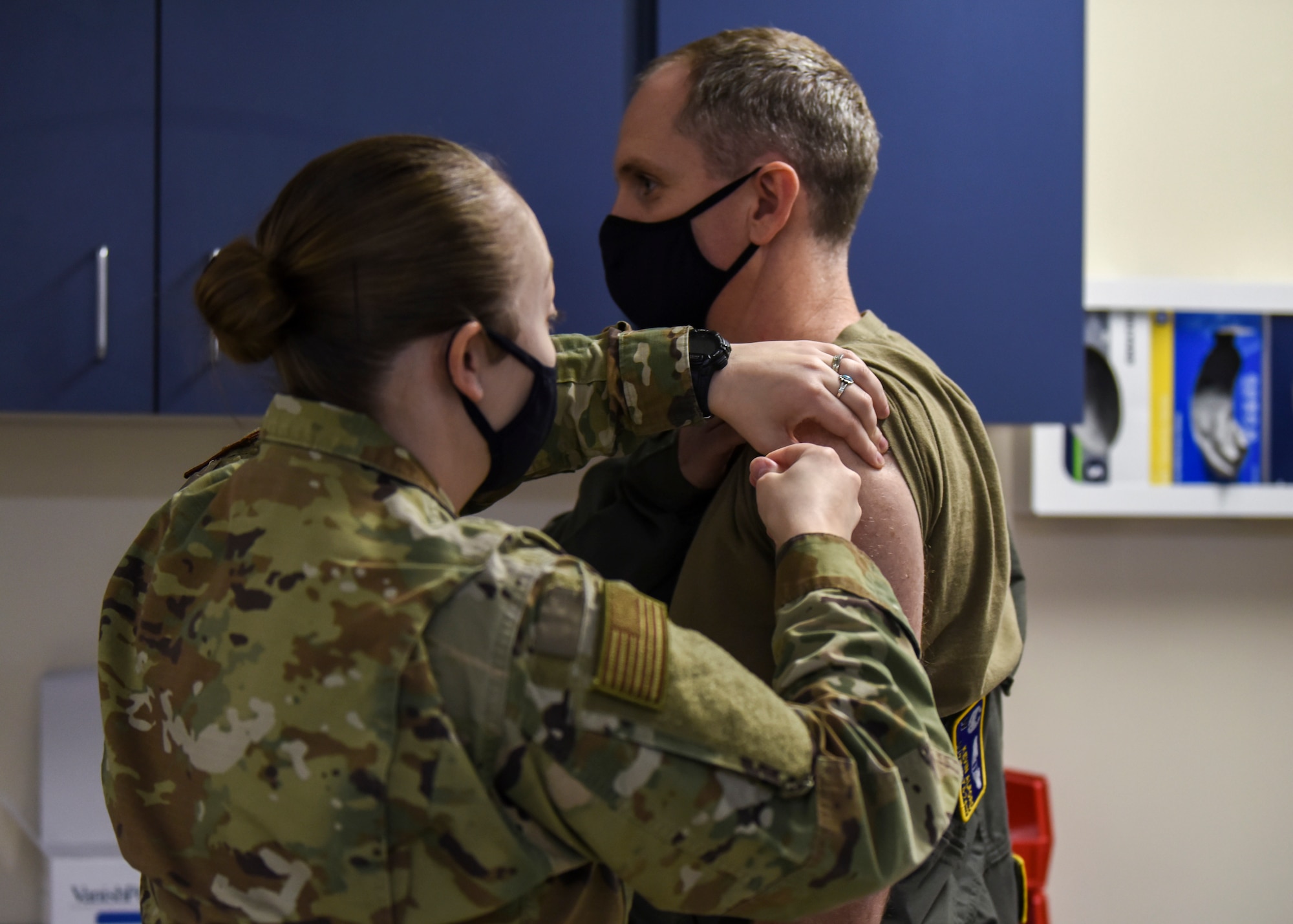 U.S. Air Force Lt. Col. Kevin Alford, 35th Operational Medicine Readiness Squadron commander, receives a dose of the COVID-19 vaccine at Misawa Air Base, Japan, Dec. 28, 2020. The distribution of COVID-19 vaccines are currently expected to take several months. (U.S. Air Force photo by Staff Sgt. Grace Nichols)