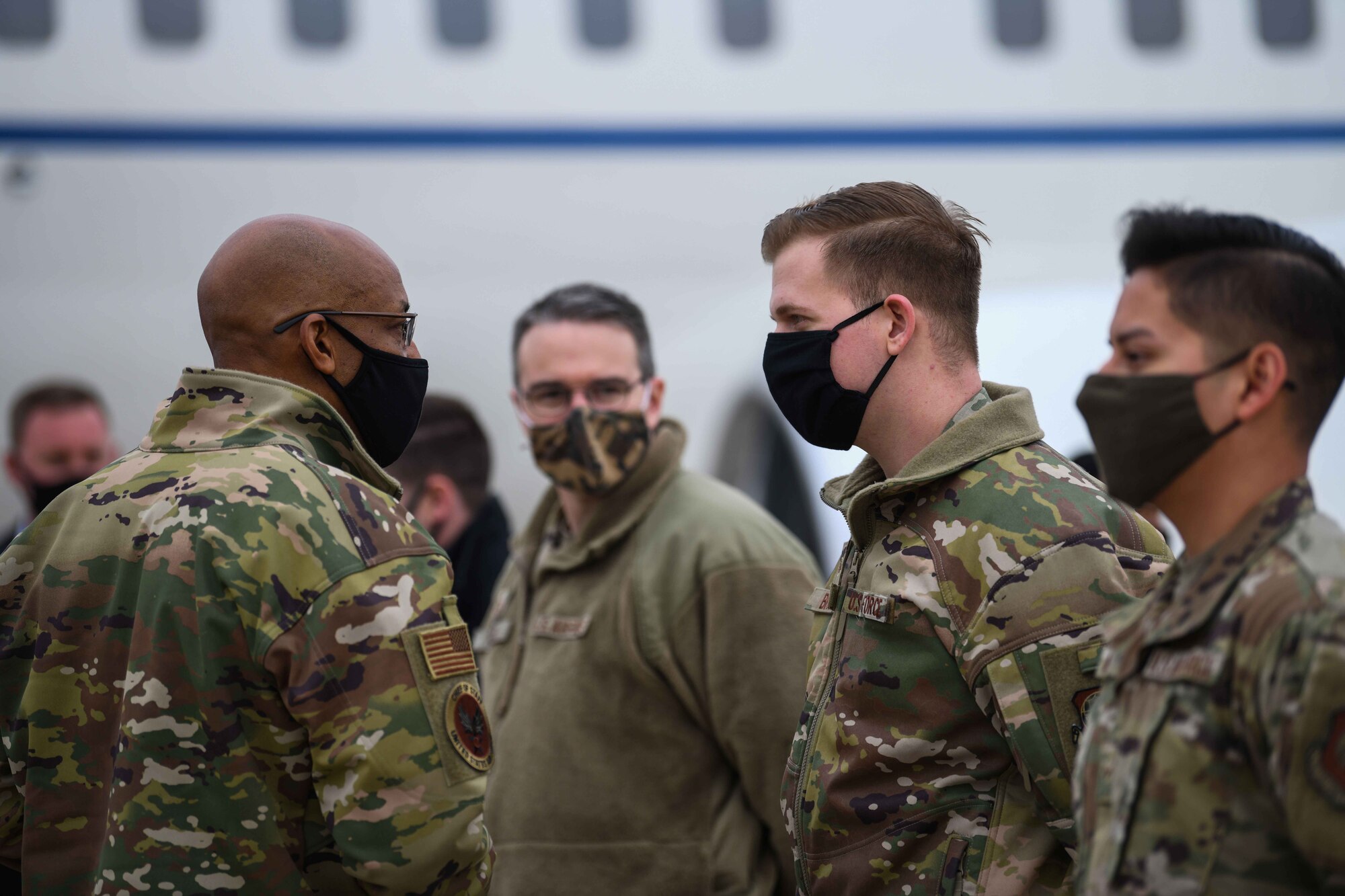 Air Force Chief of Staff Gen. Charles Q. Brown, Jr., speaks to an Airmen from the 31st Fighter Wing before he departs Aviano Air Base, Italy, Dec. 23, 2020. During his visit he connected with Airmen and toured Aviano Air Base to emphasize the importance of the 31st FW’s mission. (U.S. Air Force photo by Airman 1st Class Ericka A. Woolever)