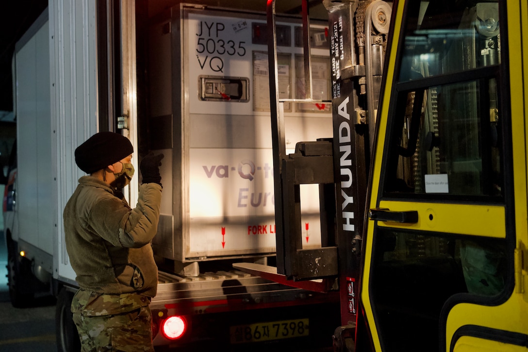 The first batch of COVID-19 vaccine arrives at the U.S. Army Medical Materiel Center Korea, Camp Carroll, Republic of Korea Dec. 25, 2020.