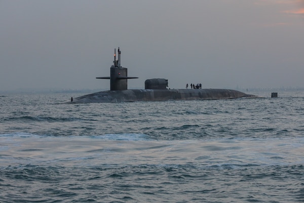 201227-A-RX269-1182 GULF OF BAHRAIN (Dec. 27, 2020) The guided-missile submarine USS Georgia (SSGN 729) transits the Gulf of Bahrain, outbound from a sustainment and logistics visit in Manama, Bahrain, Dec. 27. Georgia is deployed to the U.S. 5th Fleet area of operations in support of naval operations to ensure maritime stability and security in the Central Region, connecting the Mediterranean and Pacific through the Western Indian Ocean and three critical chokepoints to the free flow of global commerce.