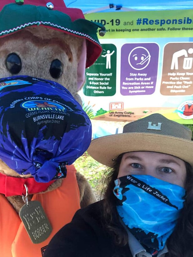 Bobber the Water Safety Dog and Huntington District Park Ranger Lisa Hess handed out Bobber Fishing Gaiters and bookmarks to all the students Dec. 17, 2020 at Burnsville Elementary, during their visit with Santa, today at the Burnsville Community Center! 
Please remember to wear your masks and maintain a social distancing!