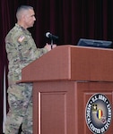 Incoming Command Sgt. Maj. Jose M. Salas, 5th Brigade, U.S. Army Cadet Command, addresses the audience during the change of responsibility at Joint Base San Antonio-Fort Sam Houston Dec. 18.