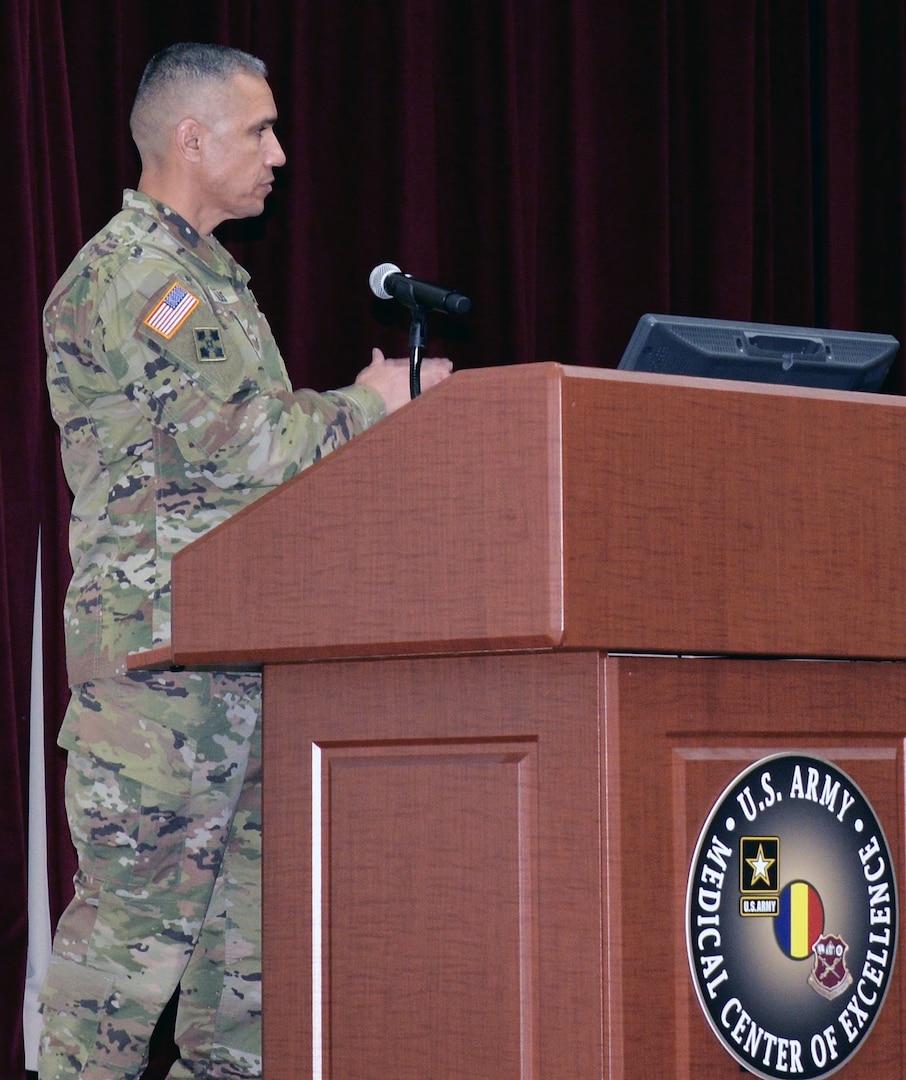 Incoming Command Sgt. Maj. Jose M. Salas, 5th Brigade, U.S. Army Cadet Command, addresses the audience during the change of responsibility at Joint Base San Antonio-Fort Sam Houston Dec. 18.