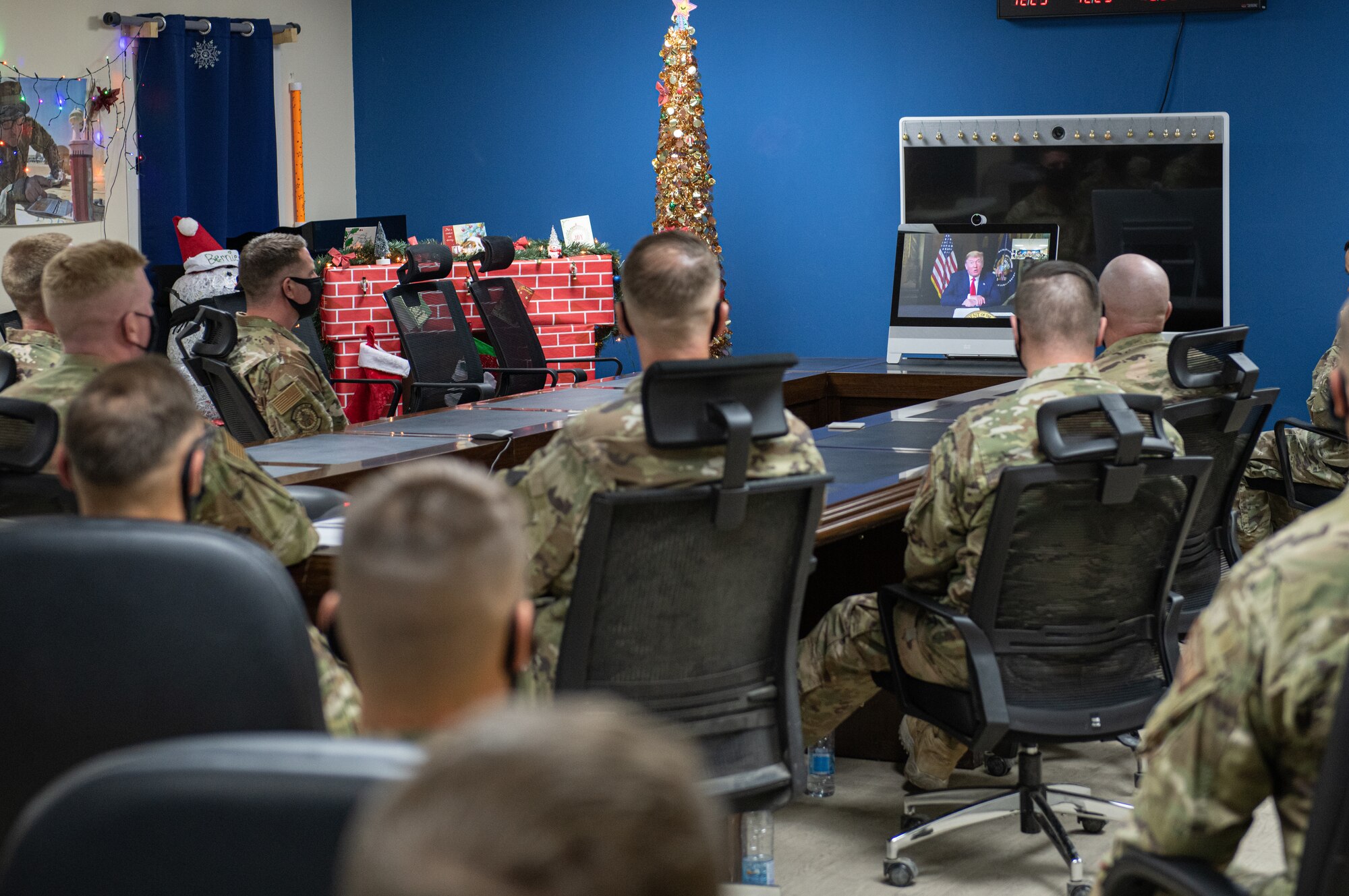 President Donald J. Trump speaks with Airmen from the 378th Expeditionary Civil Engineer Squadron during a conference call, Dec. 25, 2020, at Prince Sultan Air Base, Kingdom of Saudi Arabia.