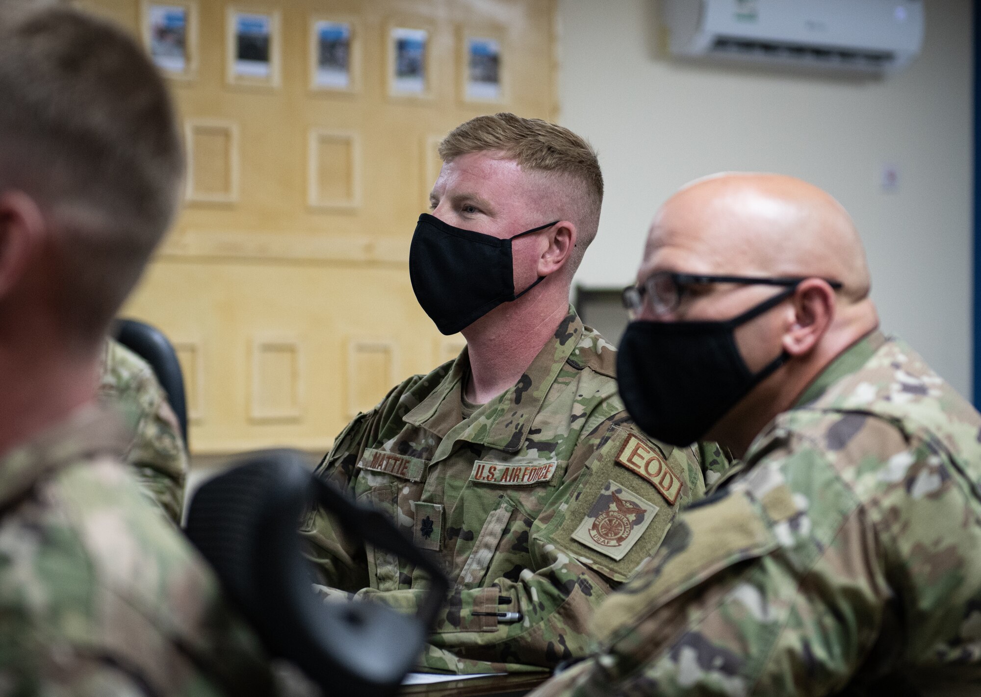 President Donald J. Trump speaks with Airmen from the 378th Expeditionary Civil Engineer Squadron during a conference call, Dec. 25, 2020, at Prince Sultan Air Base, Kingdom of Saudi Arabia.