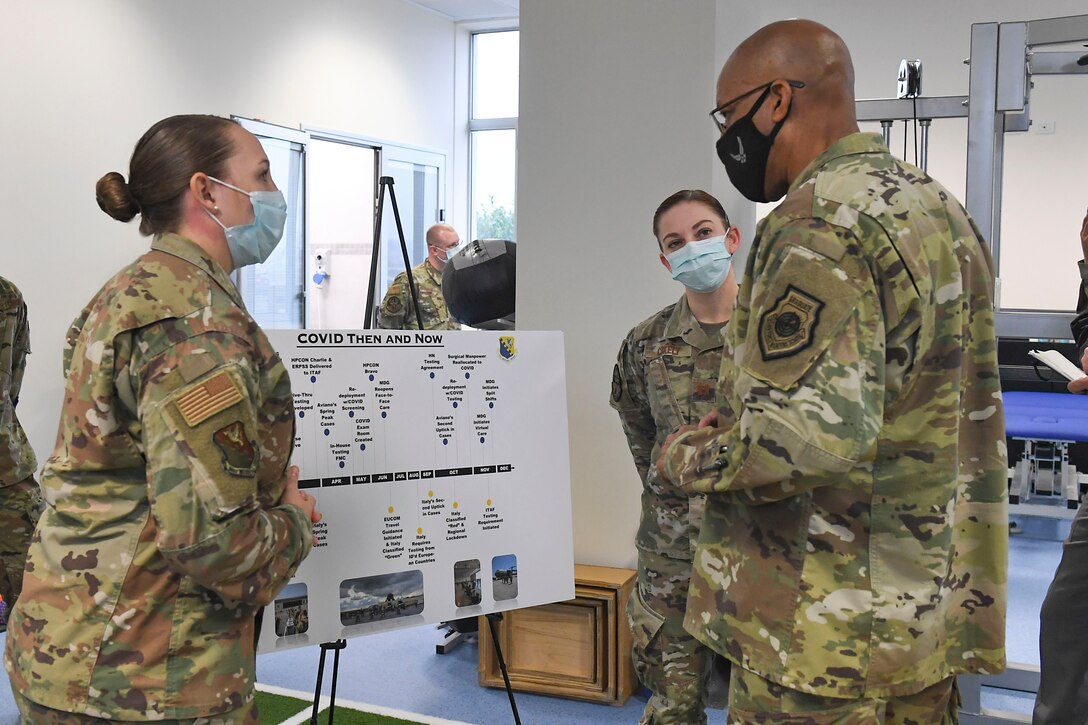 Air Force Chief of Staff Gen. Charles Q. Brown, Jr. tours the Comprehensive Operational Medicine for Battle Ready Airmen (COBRA) Clinic and receives briefs about several different programs at Aviano Air Base, Italy, Dec. 23, 2020. During the tour, the COVID-19 response team spoke about the innovative processes that were implemented throughout the 31st Fighter Wing during the global pandemic. (U.S. Air Force photo by Staff Sgt. Valarie Halbert)