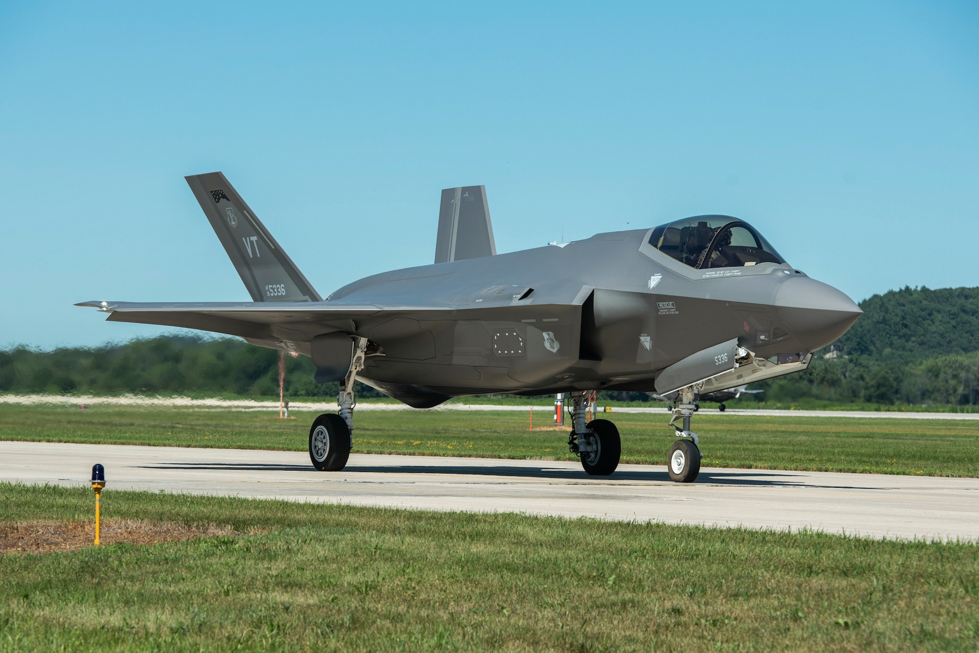 An F-35A Lightning II assigned to the 158th Fighter Wing, Vermont Air National Guard, taxis after a training mission during the annual Northern Lightning exercise conducted at Volk Field Air National Guard Base, Wisconsin August 11, 2020.orthern Lightning is a full-spectrum Counterland training exercise hosted at Volk Field ANGB, providing a tailored, cost effective and realistic combat training for the Air National Guard and Total Force. (U.S. Air National Guard photo by Tech. Sgt. Mary Greenwood)