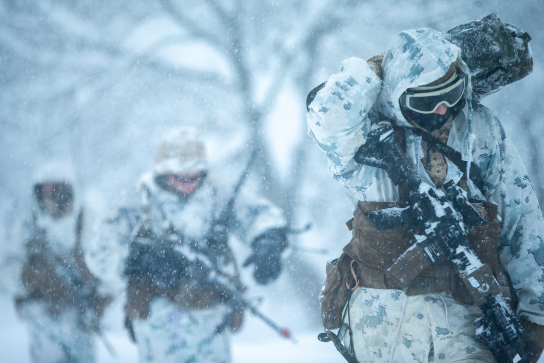 U.S. Marines patrol to a rally point during exercise Forest Light Eastern Army in mainland Japan on Dec. 16.