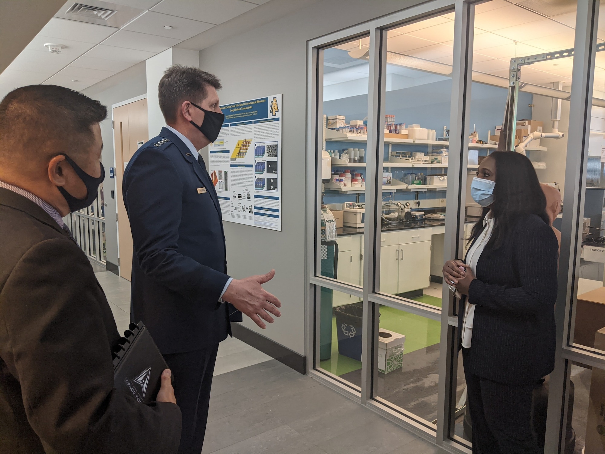 Vice Chief of Space Operations Gen. David D. Thompson speaks with Dr. Sherine Obare, Dean of the Joint School of Nanoscience and Nanoengineering, North Carolina Agricultural and Technical State University,