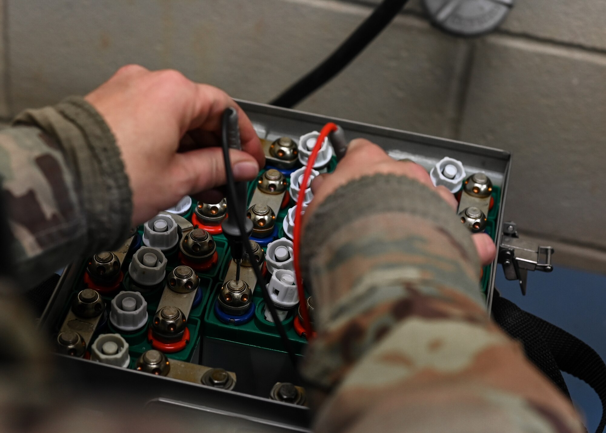 Senior Airman Jayme Bradley, an electrical and environmental specialist for the 175th Maintenance Squadron, Maryland National Guard, tests the batteries of an A-10C Thunderbolt II aircraft Dec. 18, 2020 at the Warfield Air National Guard Base at Martin State Airport, Middle River, Md.